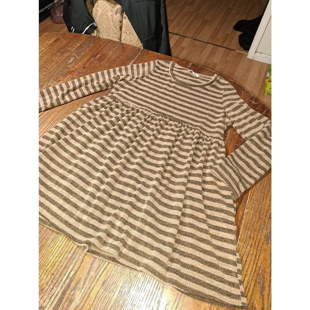 1X Lovely J Brown Striped Long Sleeve Round Neck Knit Mini Dress